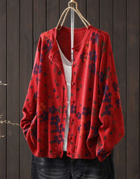 Vintage Red Floral Cardigan – Women’s Cozy Knit Button Sweater