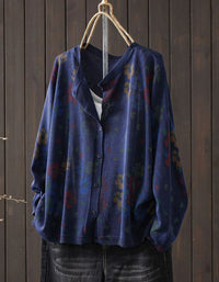 Navy Floral Knit Sweater Cardigan – Women’s Vintage Button Front