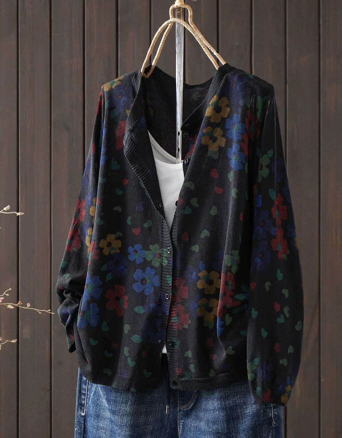 Women’s Floral Print Knit Cardigan – Relaxed Black V-Neck Sweater