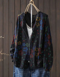 Women’s Floral Print Knit Cardigan – Relaxed Black V-Neck Sweater