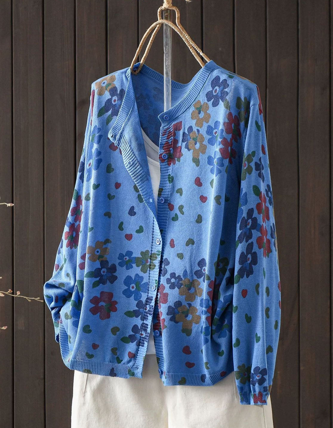 Women’s Vintage Floral Knit Cardigan – Blue Button Front Sweater
