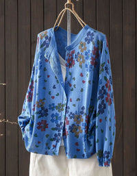 Women’s Vintage Floral Knit Cardigan – Blue Button Front Sweater
