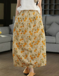 Women's Casual Floral Print Linen Blend Midi Skirt