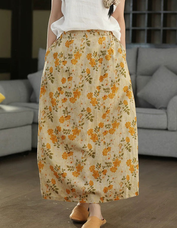 Women's Casual Floral Print Linen Blend Midi Skirt