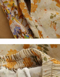 Close-up of yellow floral botanical print on linen blend fabric