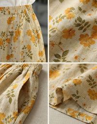 Women's breathable floral linen blend midi skirt paired with white sleeveless top