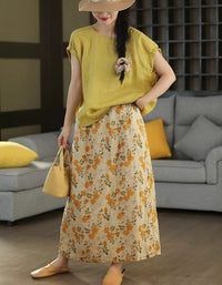 Women's Elastic Waist Floral Linen Blend Skirt