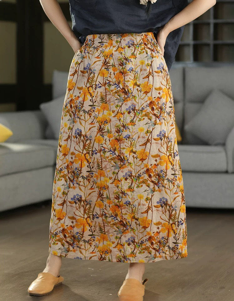 Women's Casual Linen Blend Floral Midi Skirt with Pockets
