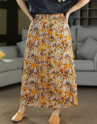 Women's Casual Linen Blend Floral Midi Skirt with Pockets