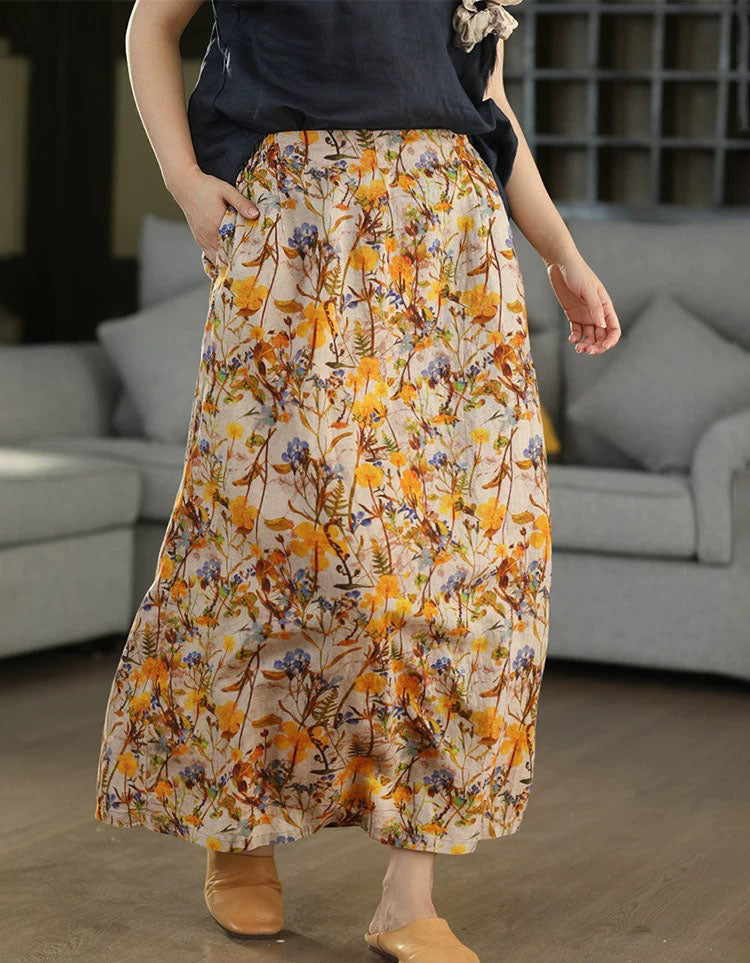 Women's Cottagecore Floral Linen Blend Long Skirt