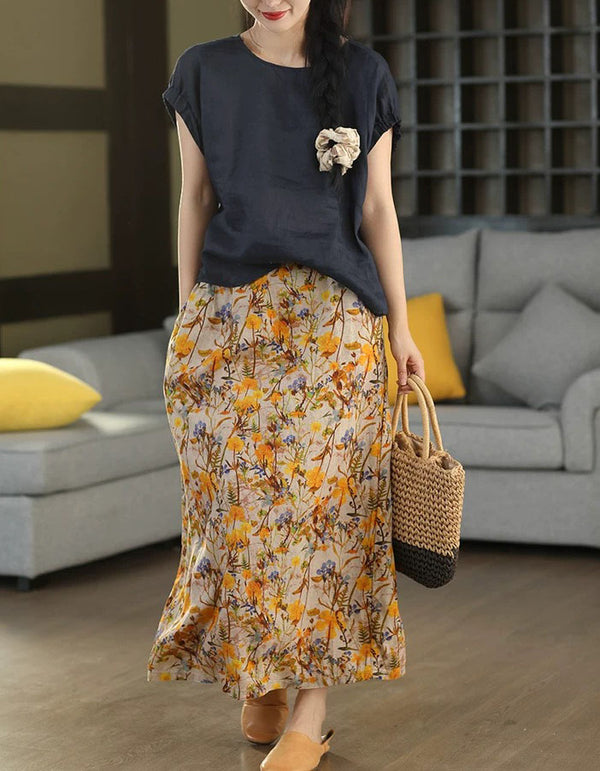 Women's Vintage Botanical Linen Blend Summer Skirt