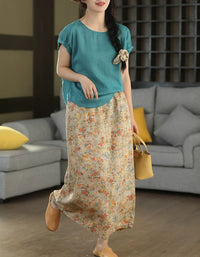 Women's Boho Floral Linen Blend A-Line Maxi Skirt