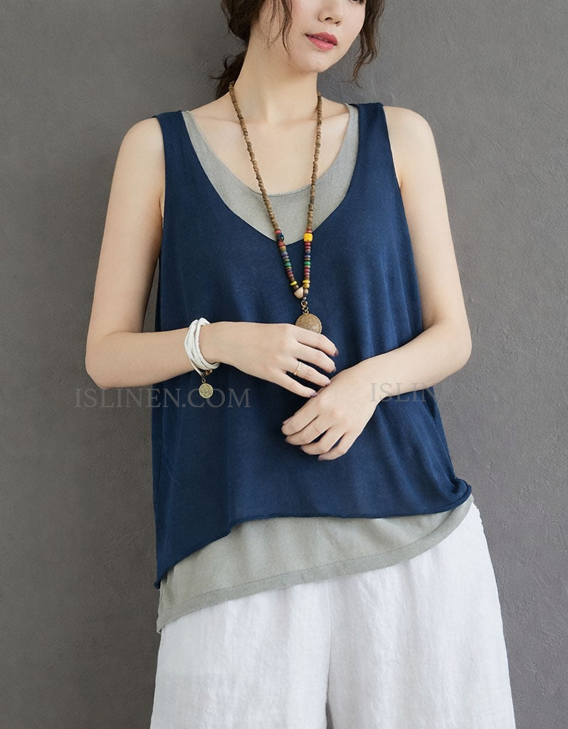 Boho-style women’s sleeveless tank top with layered design and adjustable fit