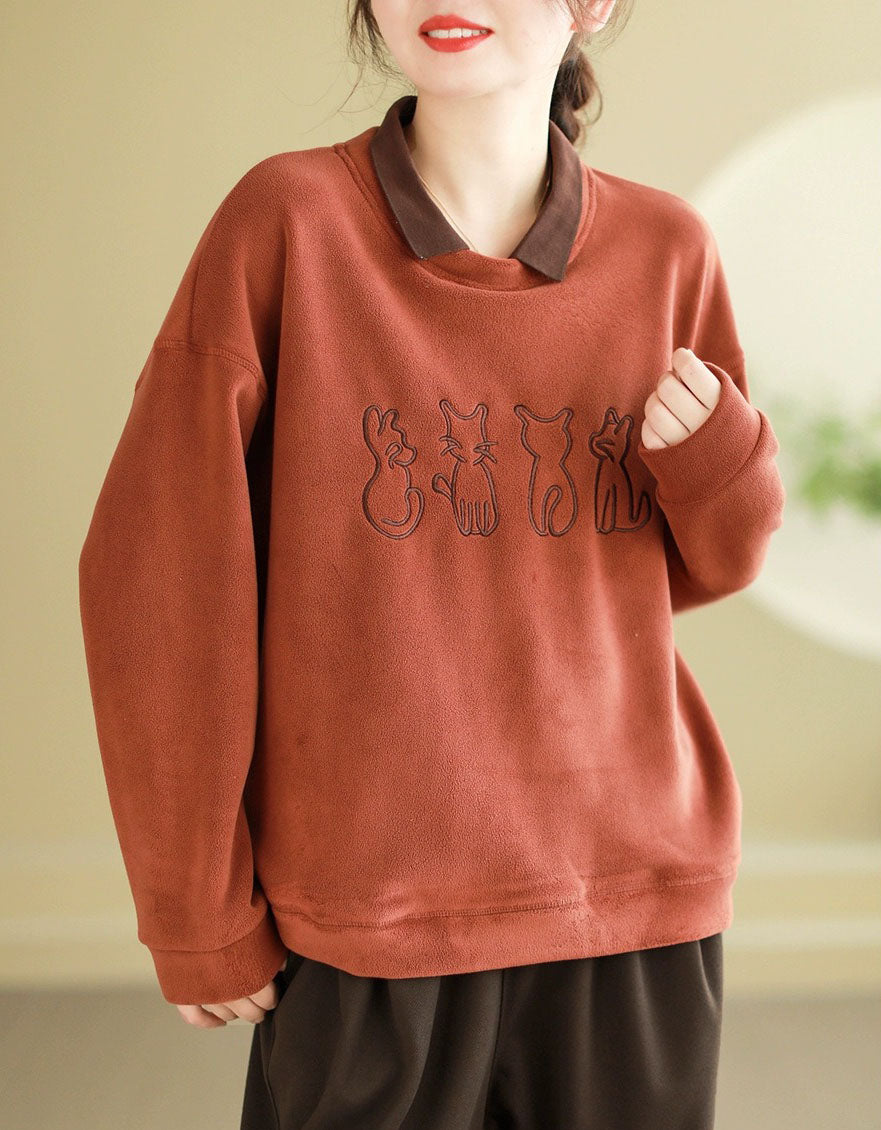 Women’s Casual Fleece Cat Embroidered Sweatshirt