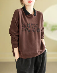 Women’s Casual Fleece Cat Embroidered Sweatshirt