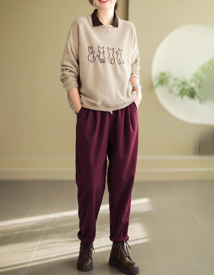 Women’s Casual Fleece Cat Embroidered Sweatshirt