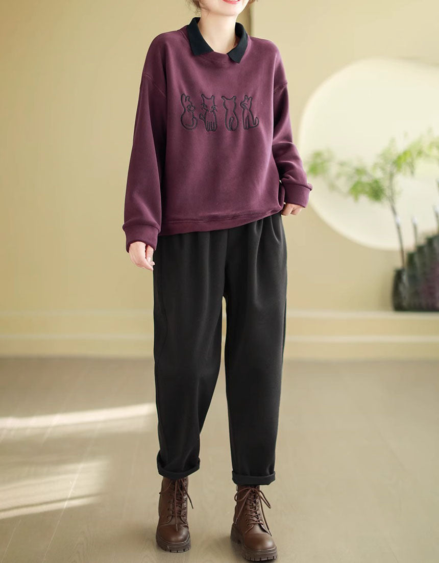 Women’s Casual Fleece Cat Embroidered Sweatshirt