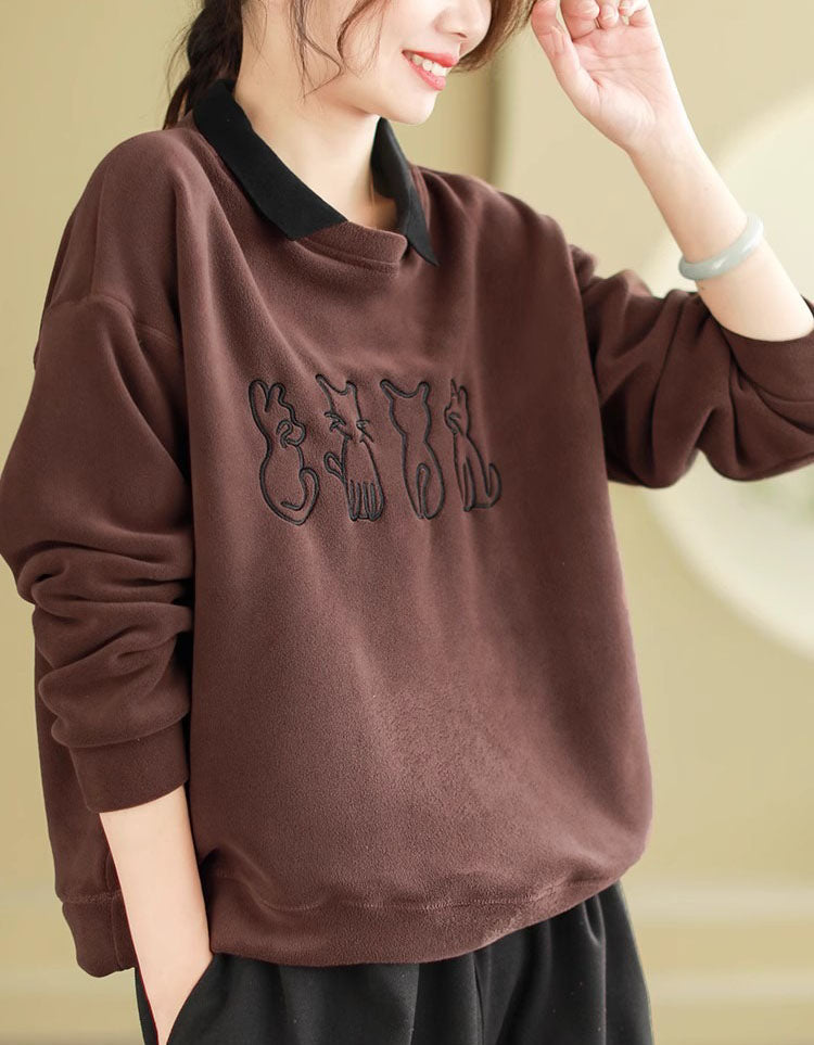 Women’s Casual Fleece Cat Embroidered Sweatshirt