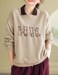 Women’s Casual Fleece Cat Embroidered Sweatshirt