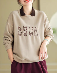 Women’s Casual Fleece Cat Embroidered Sweatshirt