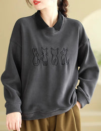 Women’s Casual Fleece Cat Embroidered Sweatshirt