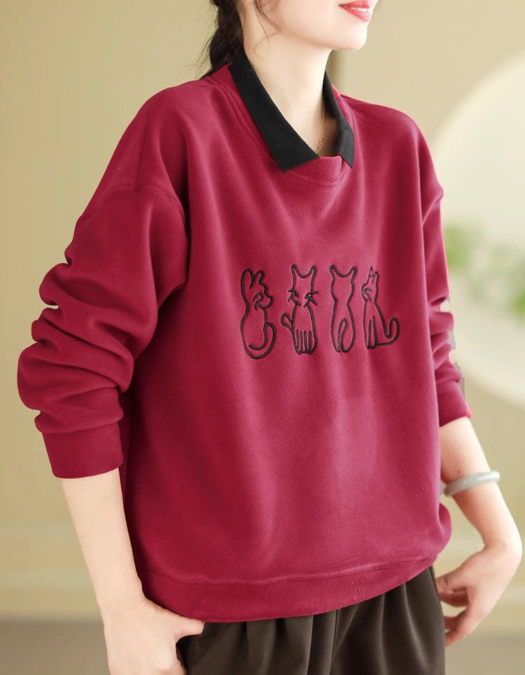 Women’s Casual Fleece Cat Embroidered Sweatshirt