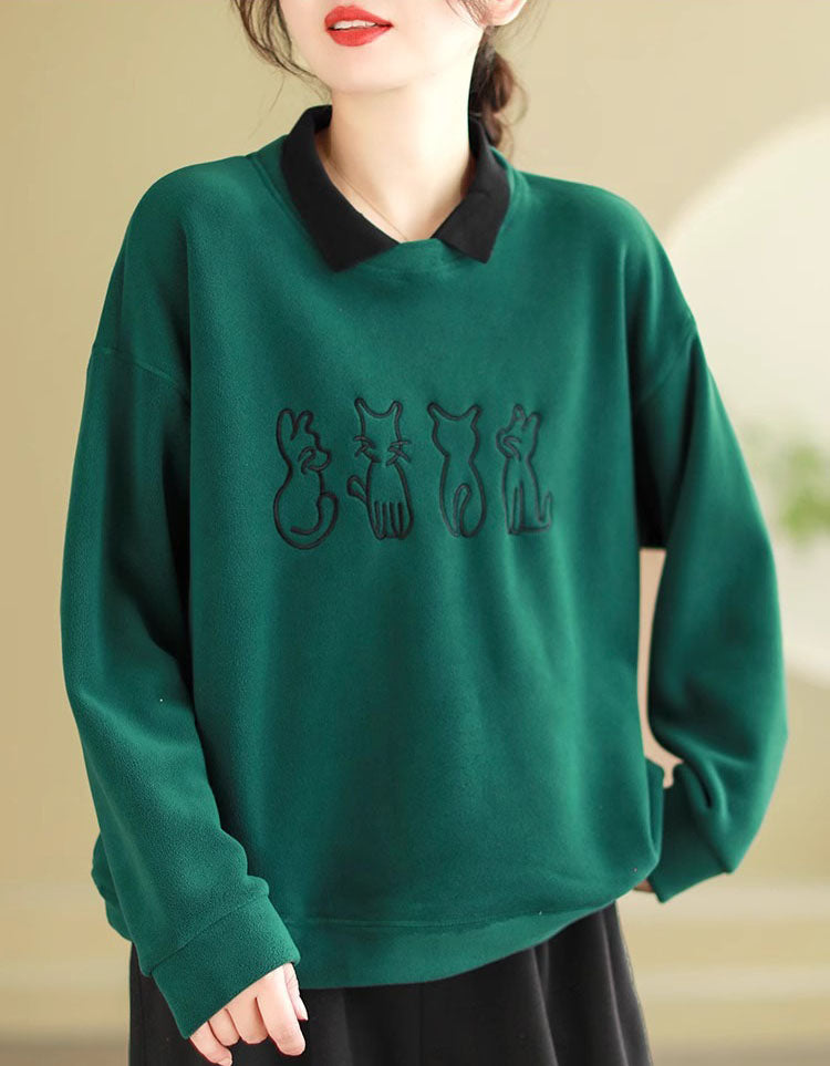 Women’s Casual Fleece Cat Embroidered Sweatshirt