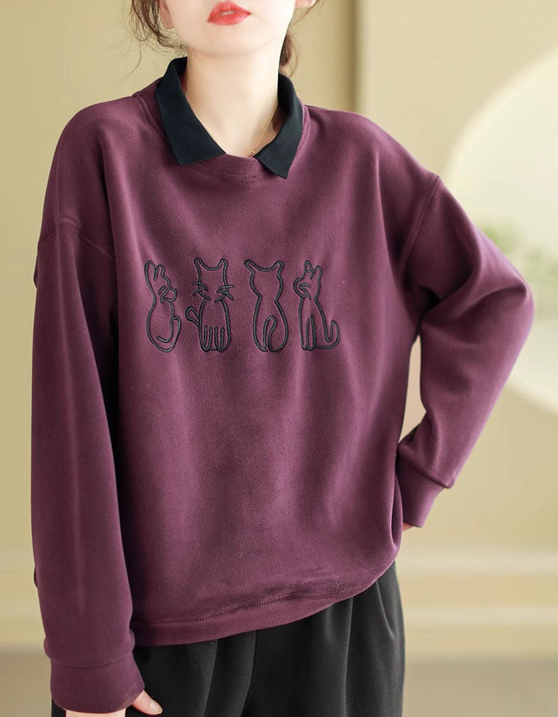 Women’s Casual Fleece Cat Embroidered Sweatshirt