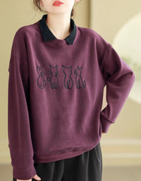 Women’s Casual Fleece Cat Embroidered Sweatshirt