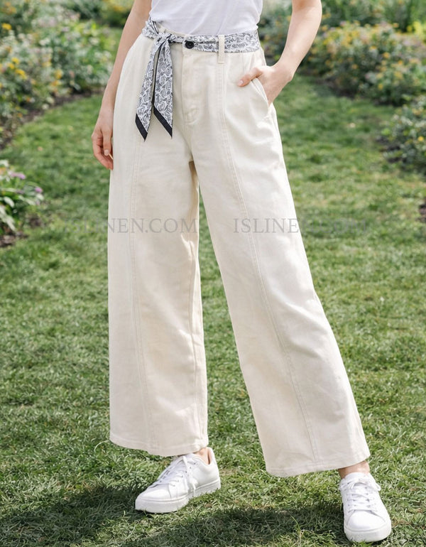Women’s high-waisted wide leg pants with scarf belt detail beige
