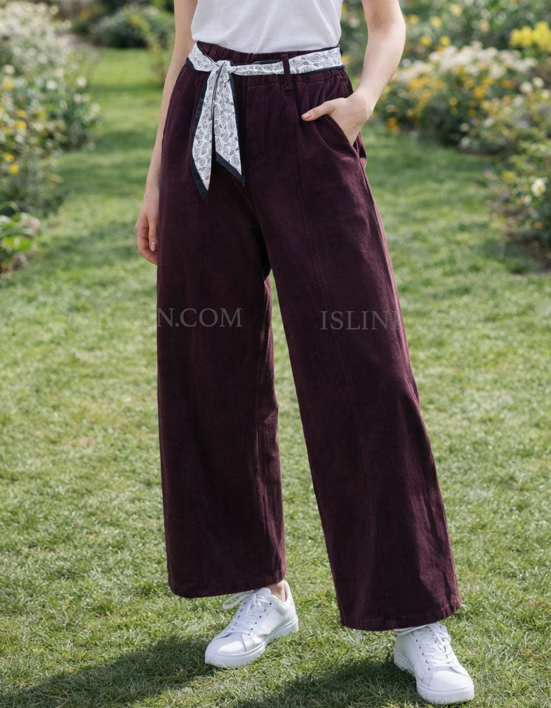Women’s high-waisted wide leg pants with scarf belt detail wine red