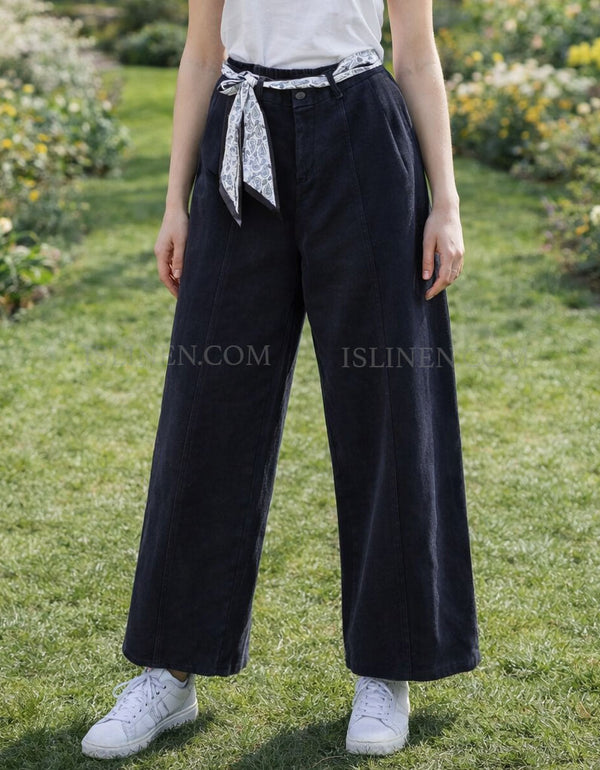 Women’s high-waisted wide leg pants with scarf belt detail navy