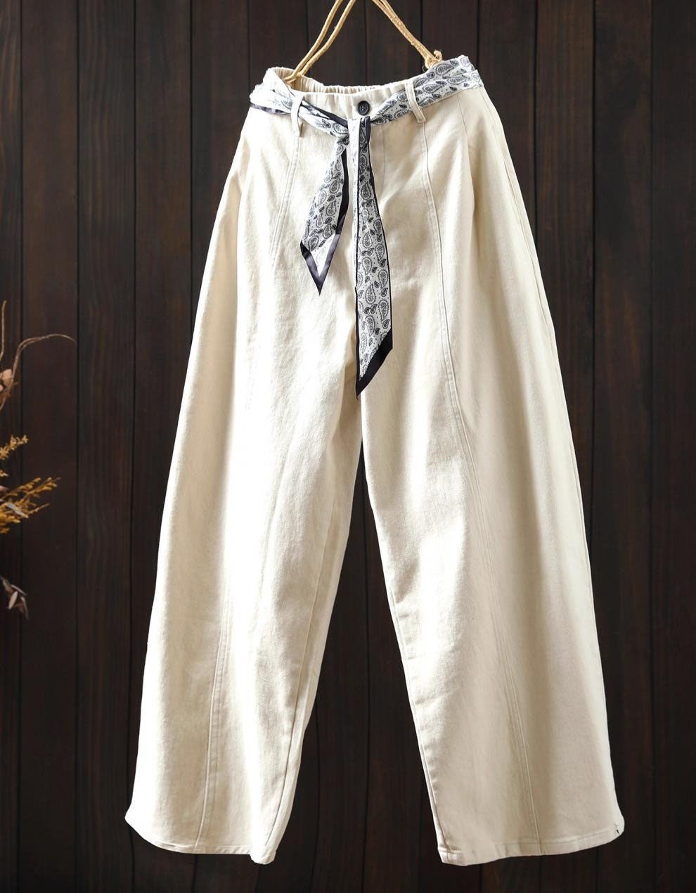 Boho chic wide leg pants with scarf tie for women beige