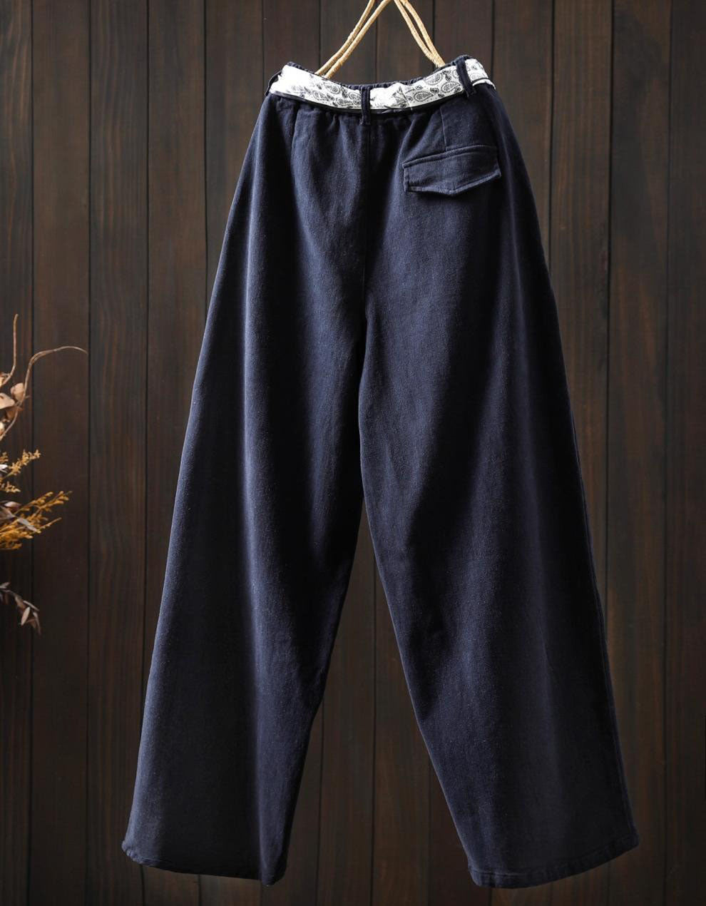 Boho chic wide leg pants with scarf tie for women back view navy