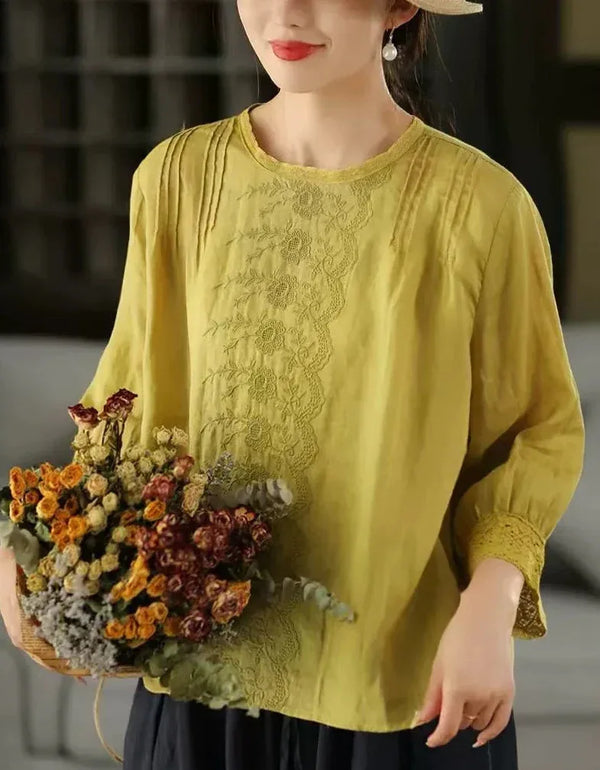 Women’s Casual Floral Embroidered Linen Blouse - Islinen