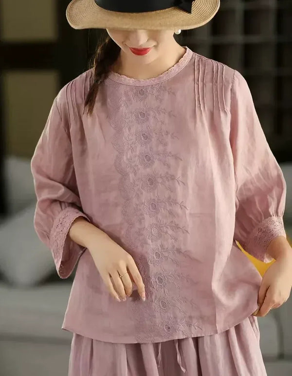 Women’s Casual Floral Embroidered Linen Blouse - Islinen