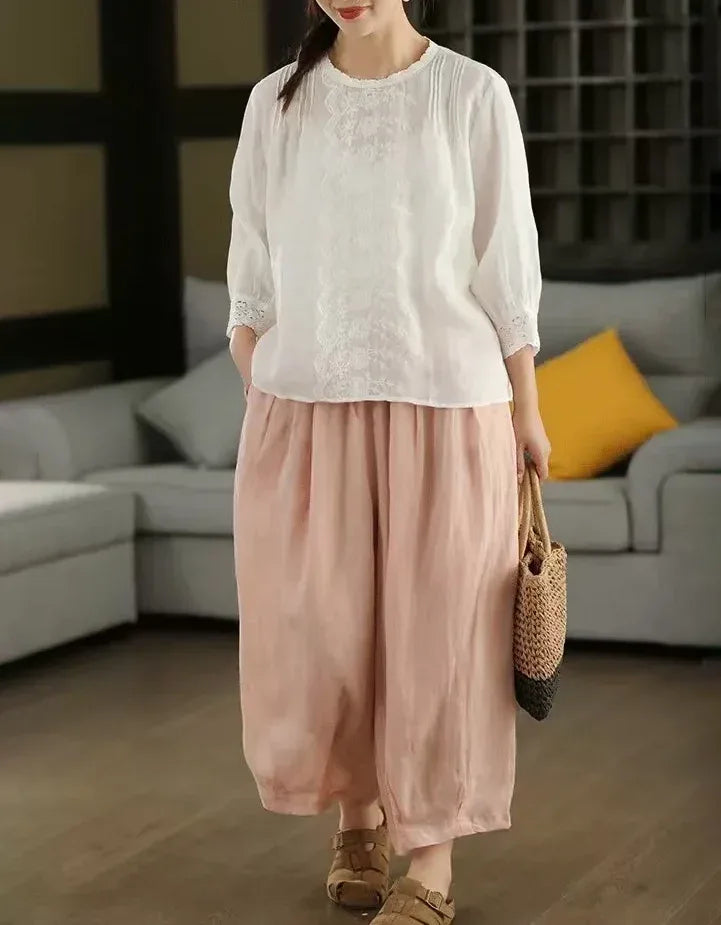 Women’s Casual Floral Embroidered Linen Blouse - Islinen