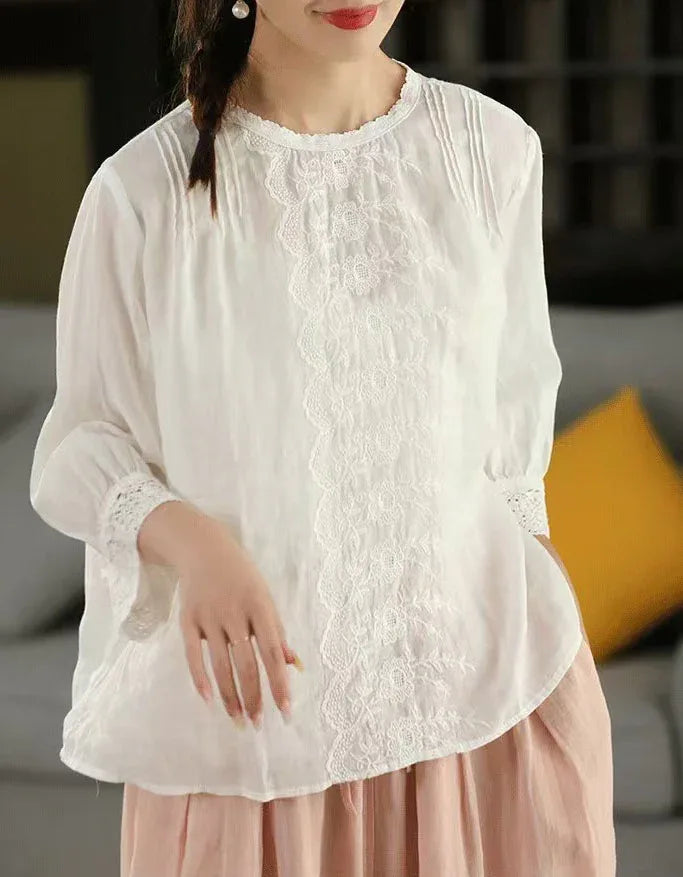 Women’s Casual Floral Embroidered Linen Blouse - Islinen