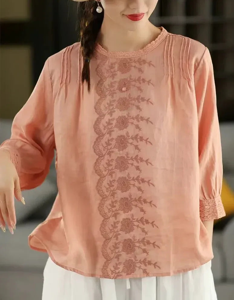 Women’s Casual Floral Embroidered Linen Blouse - Islinen