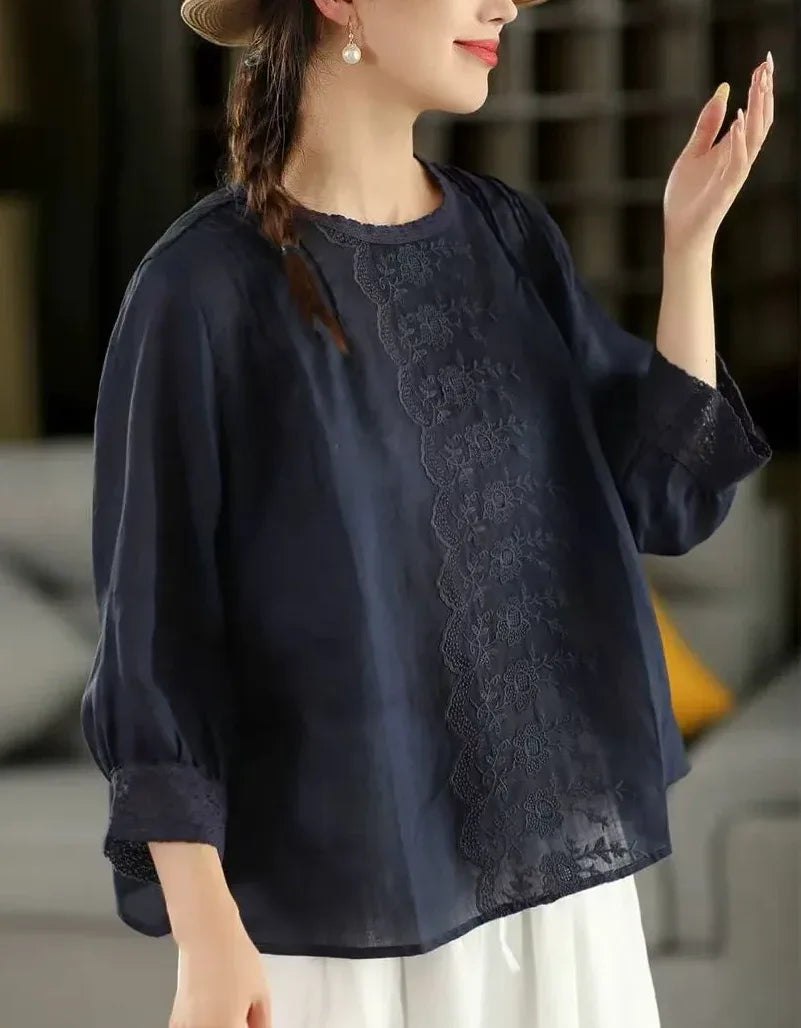 Women’s Casual Floral Embroidered Linen Blouse - Islinen