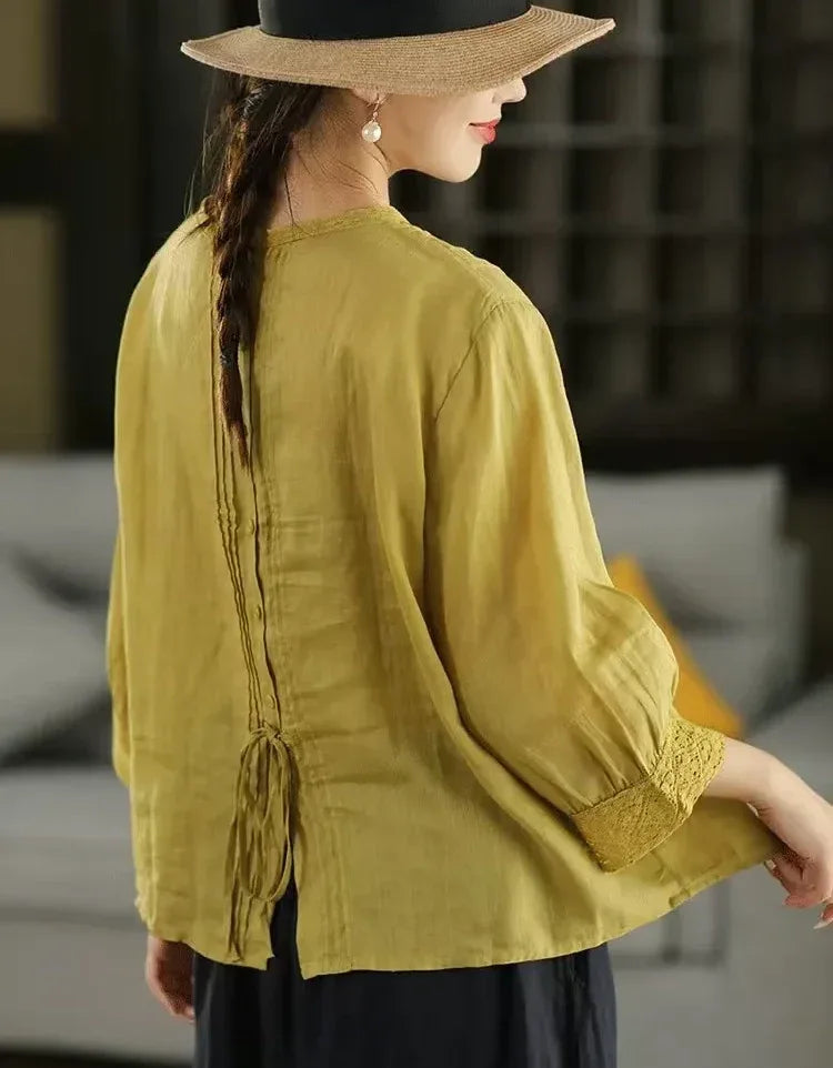 Women’s Casual Floral Embroidered Linen Blouse - Islinen