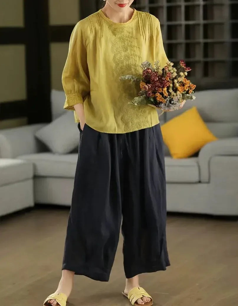 Women’s Casual Floral Embroidered Linen Blouse - Islinen