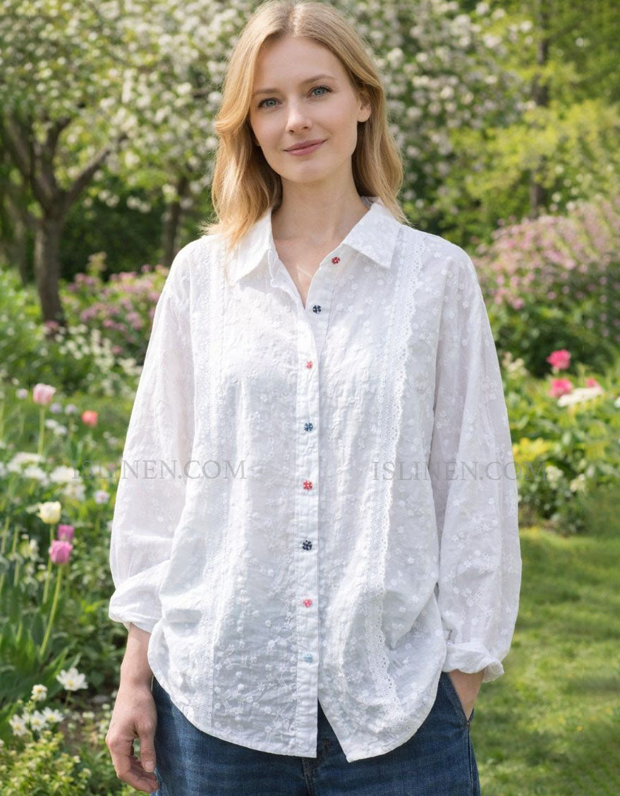 Floral Embroidered White Linen Shirt – Casual Front View
