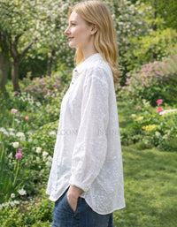 Model Wearing Women’s Floral Embroidered Linen Blouse in Garden