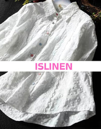 Close-up of Colorful Floral Buttons on Linen Shirt