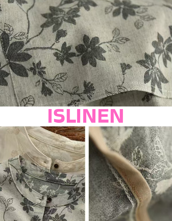 Vintage inspired women’s floral linen jacket close-up