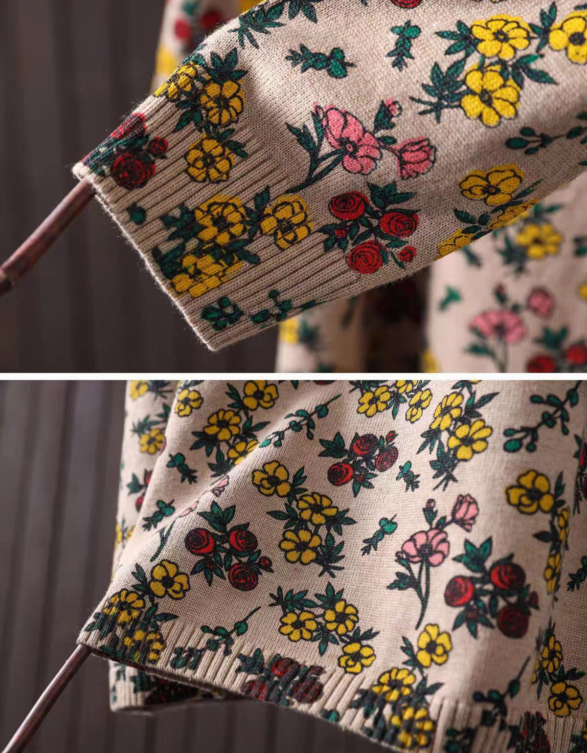 Floral print and ribbed cuff detail on knit sweater dress