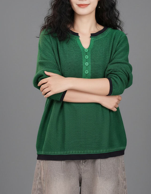 Elegant Green Knit Sweater Women Button Detail Pullover