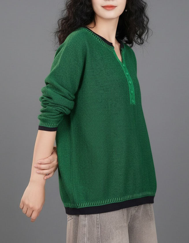 Loose Fit Green Pullover Sweater Women Cozy Knit Top