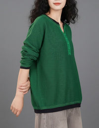 Loose Fit Green Pullover Sweater Women Cozy Knit Top